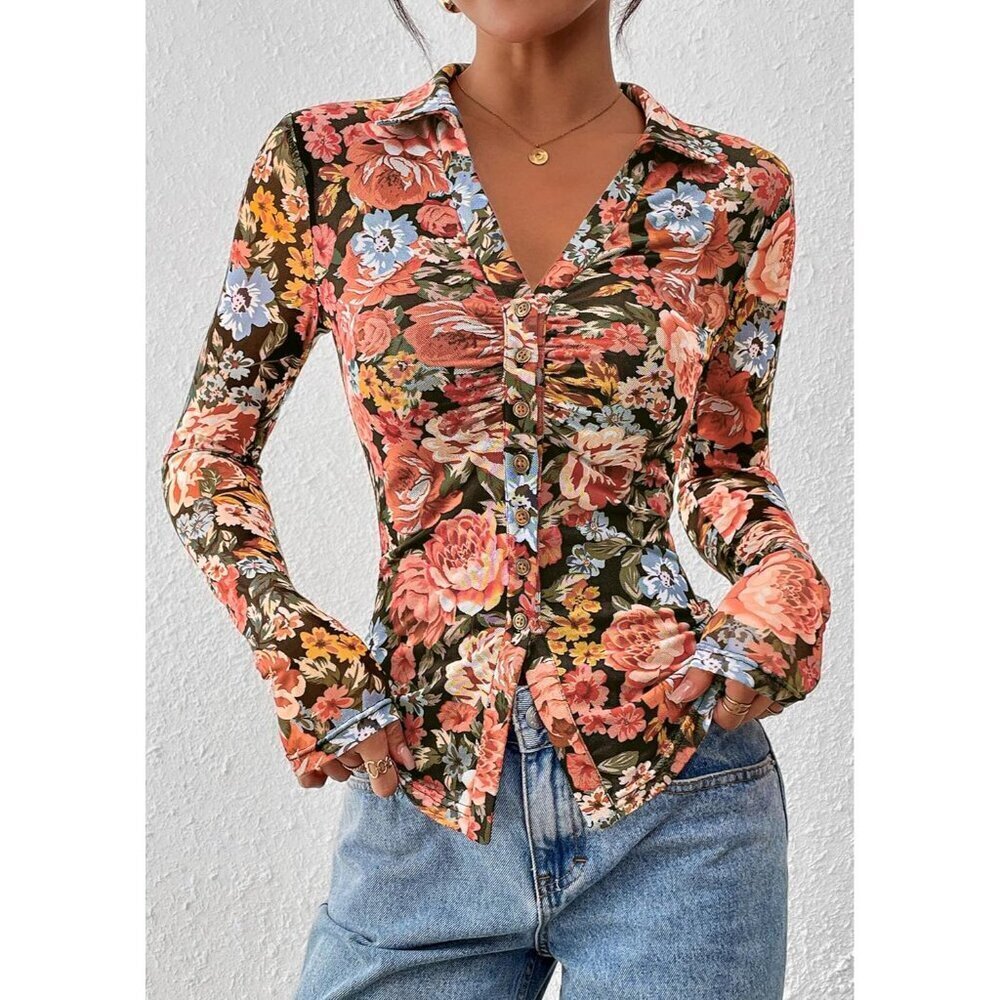 Women Black Floral Button Down Floral Shirt Trendy Long Sleeve V Neck Blouse Top - Picture 3 of 8